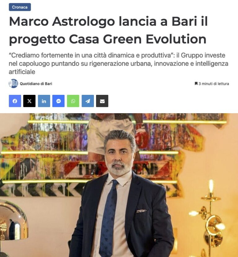 28 maggio: Quotidiano di Bari. Marco Astrologo lancia a Bari il progetto Casa Green Evolution